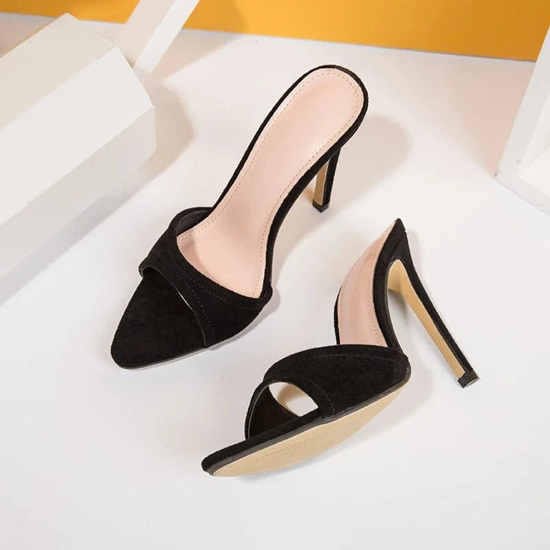 Heeled Sandals Femmes Chaussures Summer NEW 2024 Head Peep Toe Flock Slippers Fashion Shallow Retro Stiletto Heels Ladies Shoes