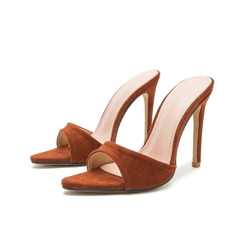 Heeled Sandals Femmes Chaussures Summer NEW 2024 Head Peep Toe Flock Slippers Fashion Shallow Retro Stiletto Heels Ladies Shoes