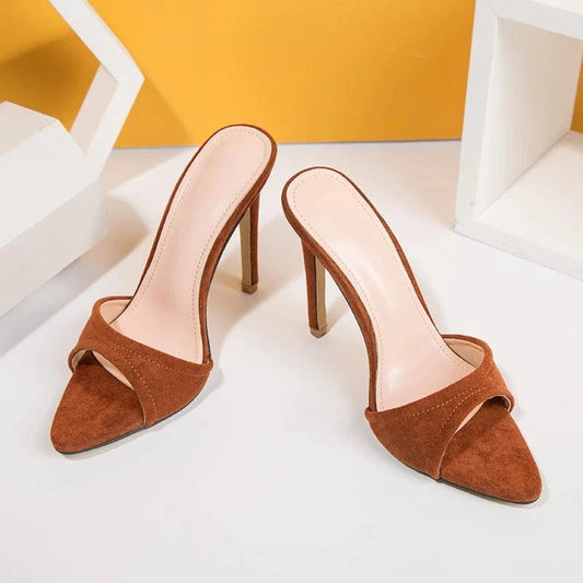 Heeled Sandals Femmes Chaussures Summer NEW 2024 Head Peep Toe Flock Slippers Fashion Shallow Retro Stiletto Heels Ladies Shoes