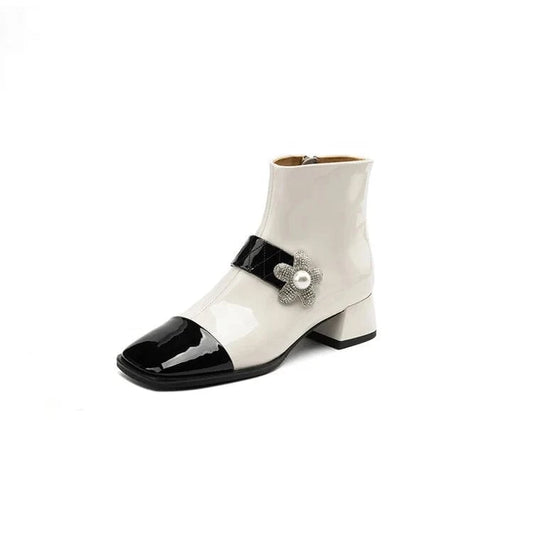 HG178 Black and white stitching Mary Jane women's high heel short boots, fashionable and elegant women's boots