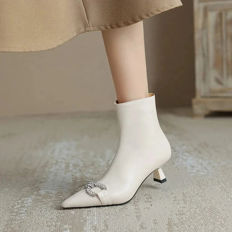 HG185 Elegant French short boots  rhinestone bow, pointed kitten heel classic women's short boots