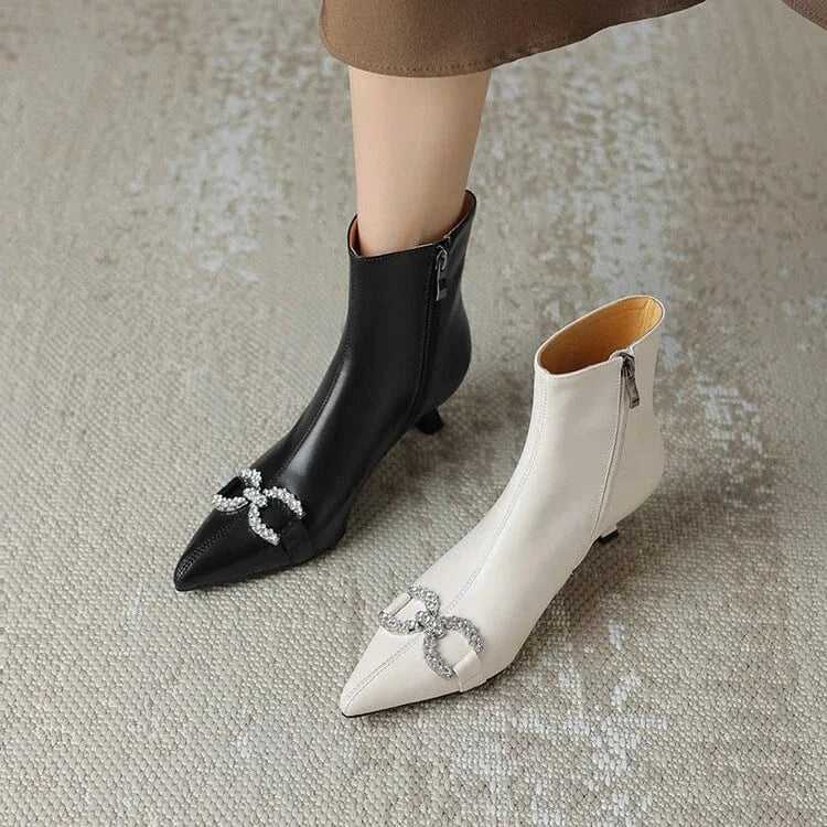 HG185 Elegant French short boots  rhinestone bow, pointed kitten heel classic women's short boots