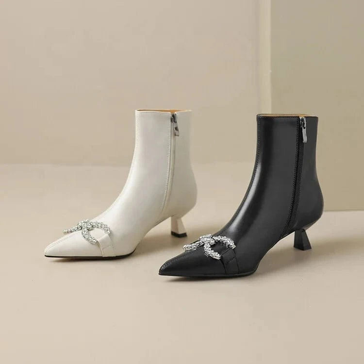 HG185 Elegant French short boots  rhinestone bow, pointed kitten heel classic women's short boots