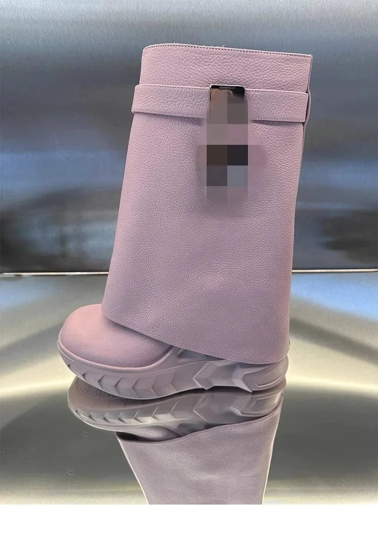 High Chunky Heeled Pants Boots For Women Mid-calf Platform Wedges Zip Luxury Design Metal Lock Fashion Shark Booties