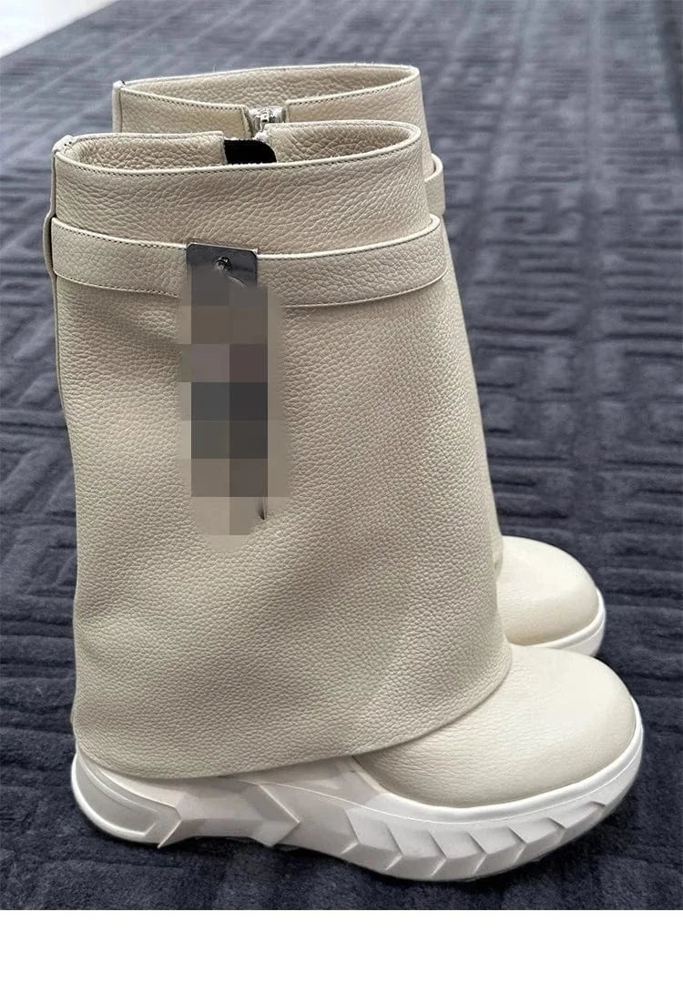 High Chunky Heeled Pants Boots For Women Mid-calf Platform Wedges Zip Luxury Design Metal Lock Fashion Shark Booties