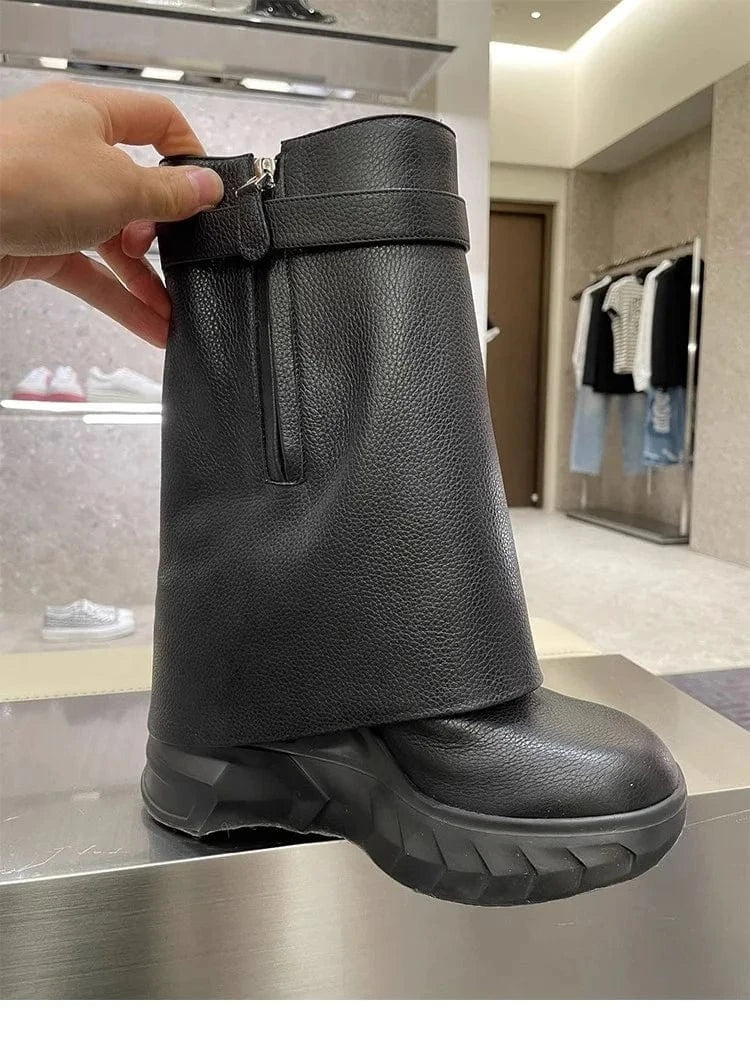 High Chunky Heeled Pants Boots For Women Mid-calf Platform Wedges Zip Luxury Design Metal Lock Fashion Shark Booties