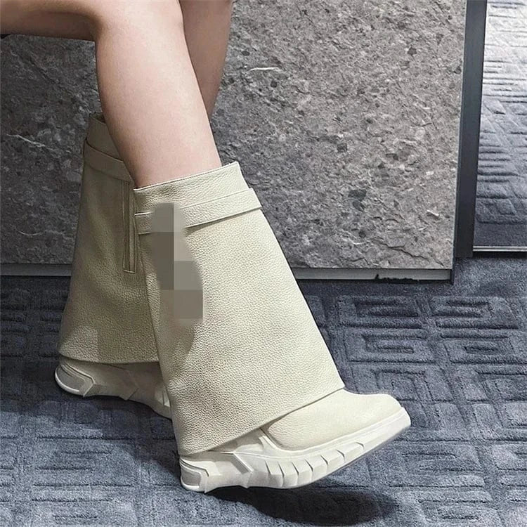 High Chunky Heeled Pants Boots For Women Mid-calf Platform Wedges Zip Luxury Design Metal Lock Fashion Shark Booties