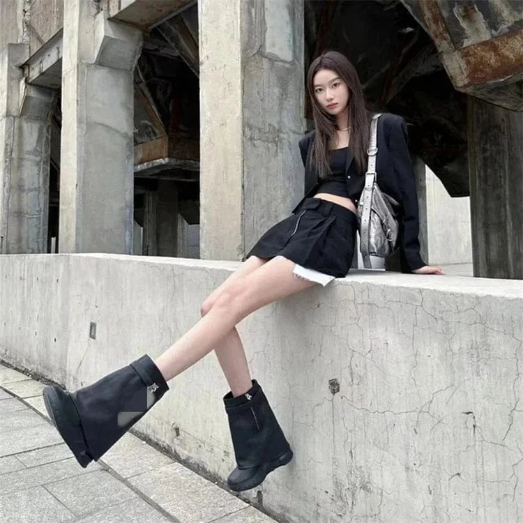 High Chunky Heeled Pants Boots For Women Mid-calf Platform Wedges Zip Luxury Design Metal Lock Fashion Shark Booties