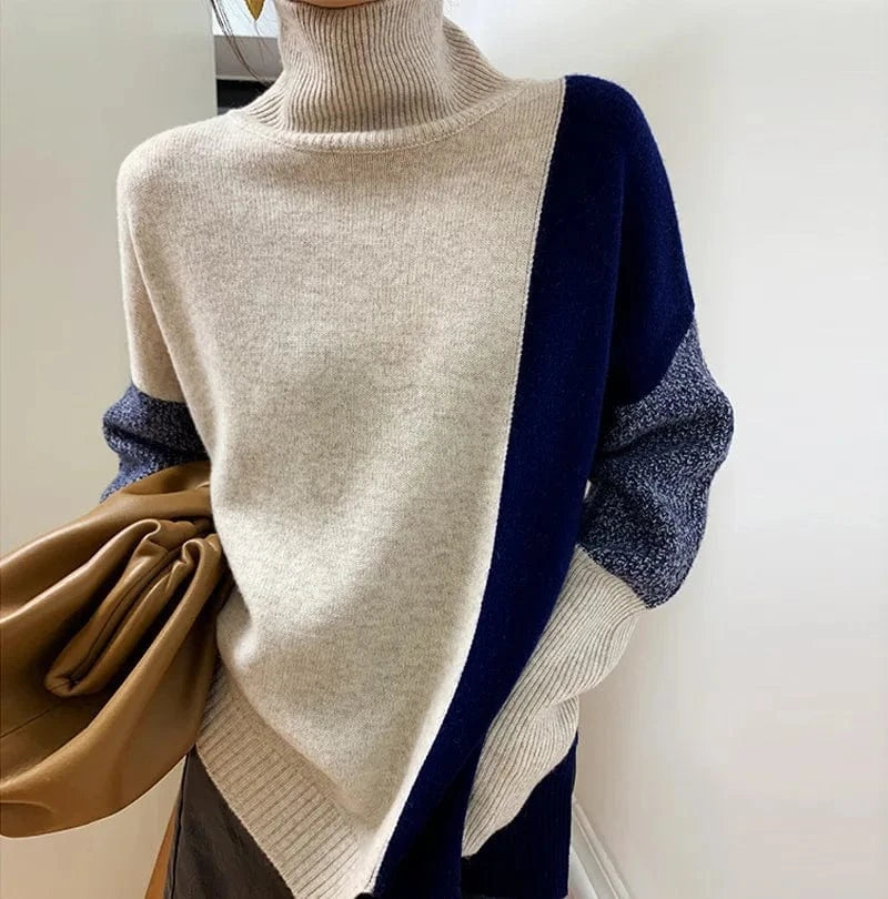 High Collar Colour Bump Jumper Women Loose Autumn And Winter 2024 New Knitted Jumper Tops Women