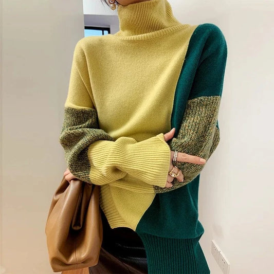High Collar Colour Bump Jumper Women Loose Autumn And Winter 2024 New Knitted Jumper Tops Women