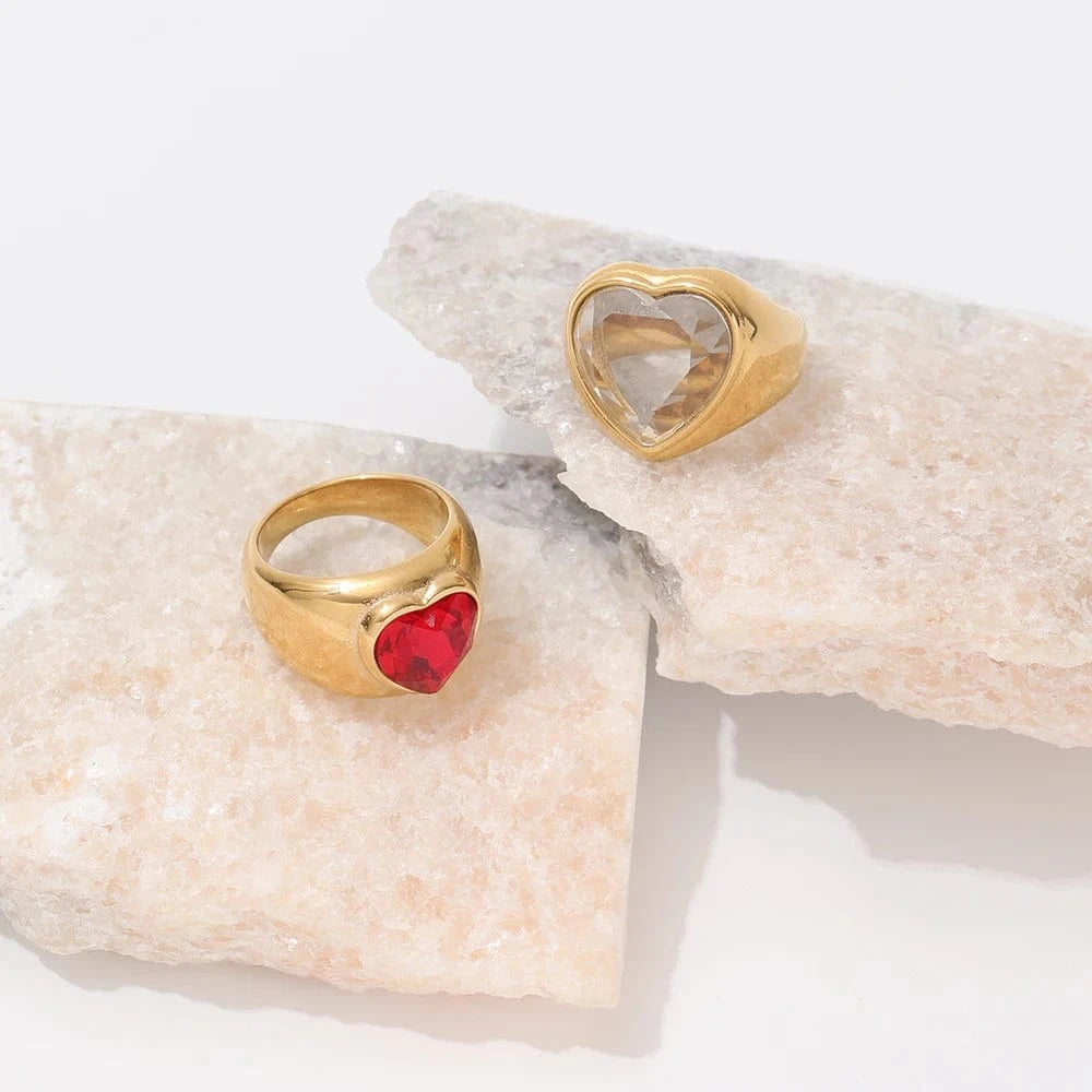 High End 18K Plain Gold Zirconia Heart Statement Rings Stainless Steel Trendy Simple Gold Plated Jewelry