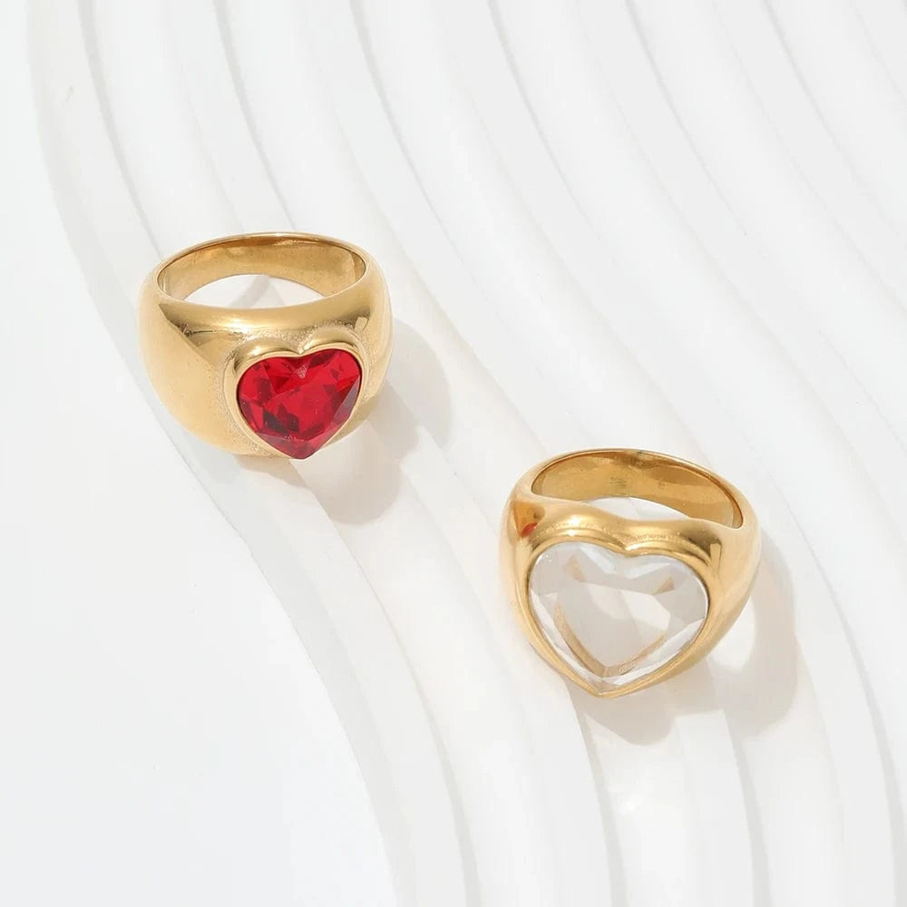 High End 18K Plain Gold Zirconia Heart Statement Rings Stainless Steel Trendy Simple Gold Plated Jewelry