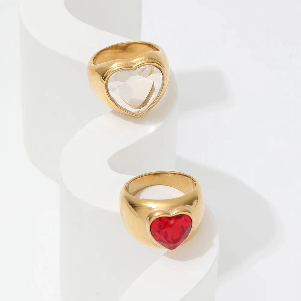 High End 18K Plain Gold Zirconia Heart Statement Rings Stainless Steel Trendy Simple Gold Plated Jewelry