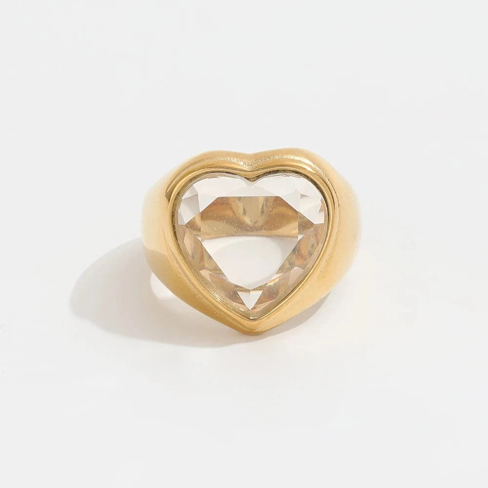High End 18K Plain Gold Zirconia Heart Statement Rings Stainless Steel Trendy Simple Gold Plated Jewelry