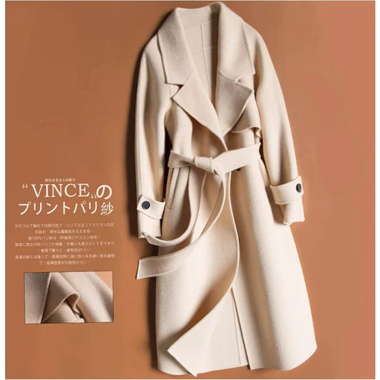 high-end cashmere Ladies Long Winter Elegant Belt Lapel Overcoat Jacket Women Trench Wool Designer Coat