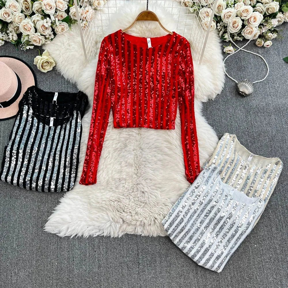 High-End Heavyweight Sequin Splice Me Long Sve round Ne T-irt Women's Spring Summer New Slimming Top Korean Sle