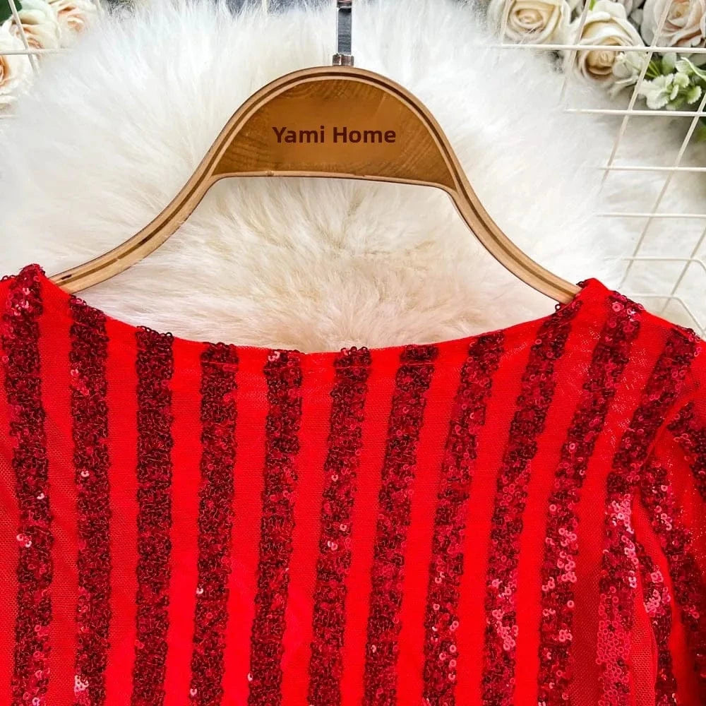 High-End Heavyweight Sequin Splice Me Long Sve round Ne T-irt Women's Spring Summer New Slimming Top Korean Sle