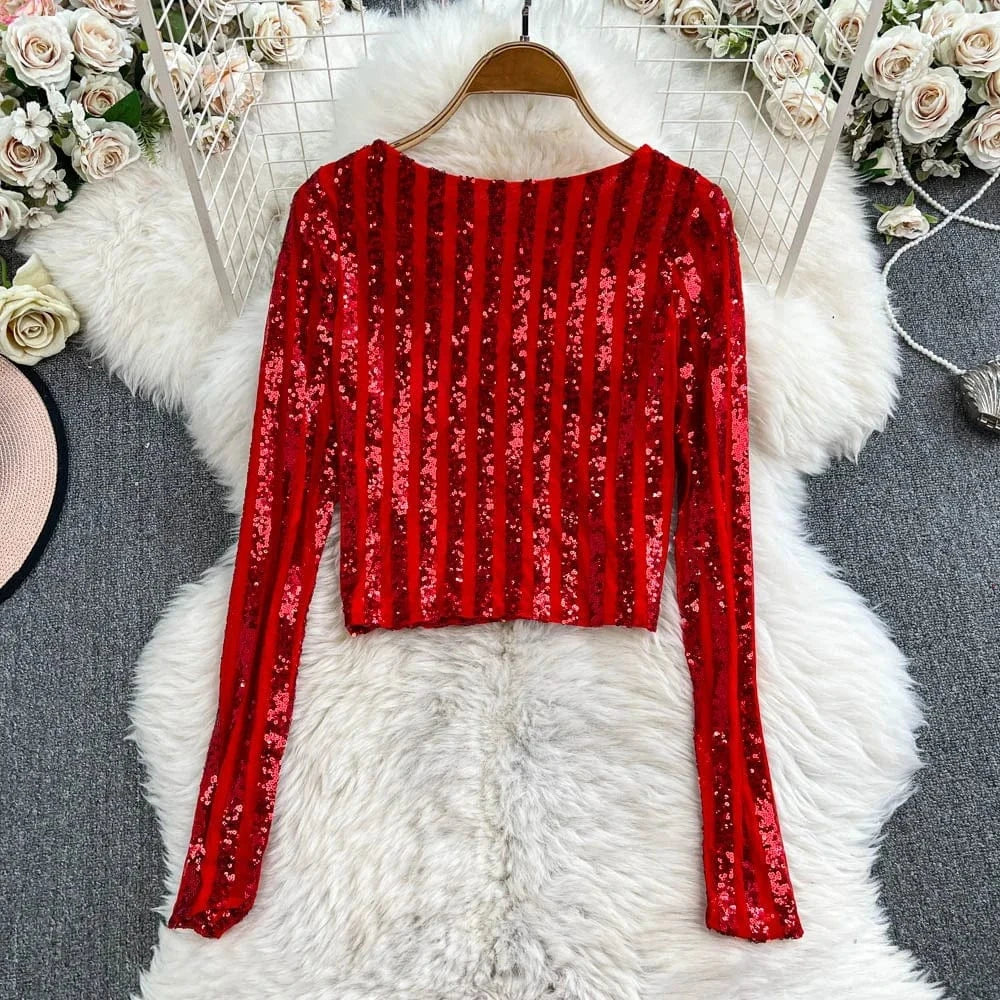 High-End Heavyweight Sequin Splice Me Long Sve round Ne T-irt Women's Spring Summer New Slimming Top Korean Sle