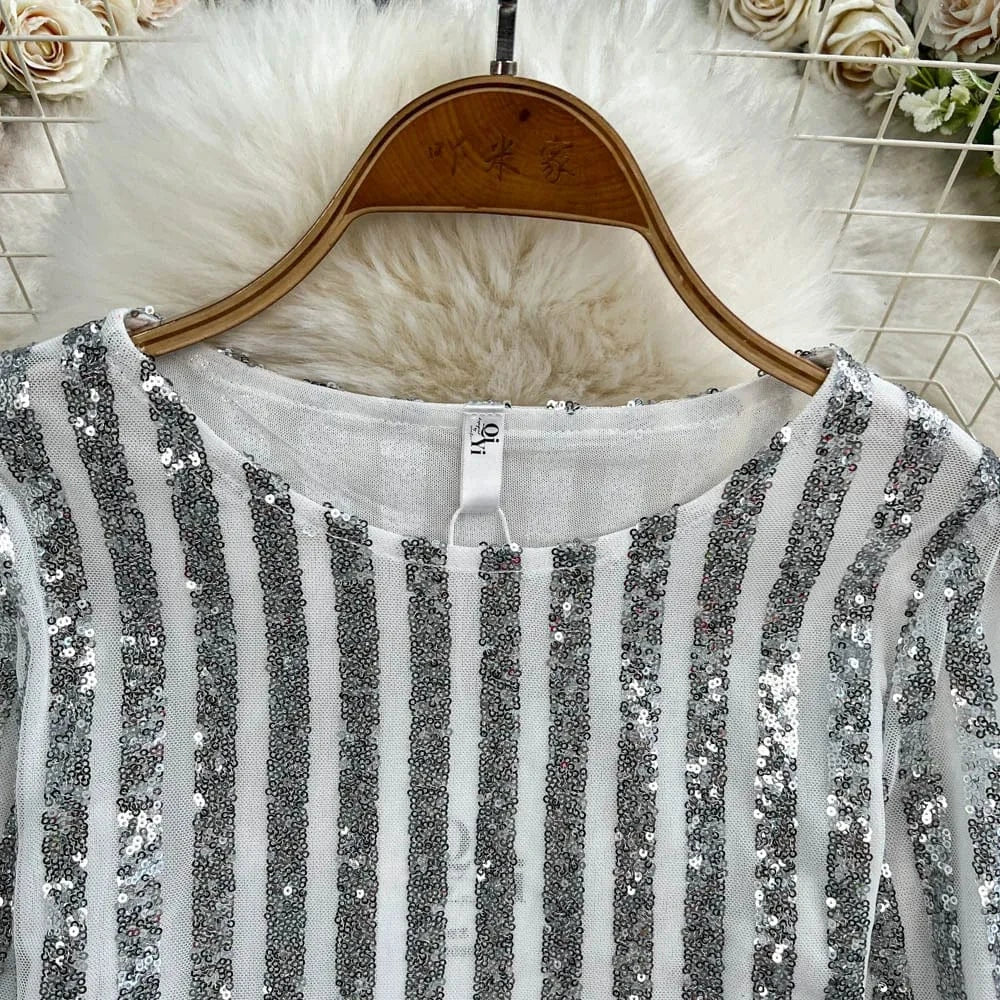 High-End Heavyweight Sequin Splice Me Long Sve round Ne T-irt Women's Spring Summer New Slimming Top Korean Sle
