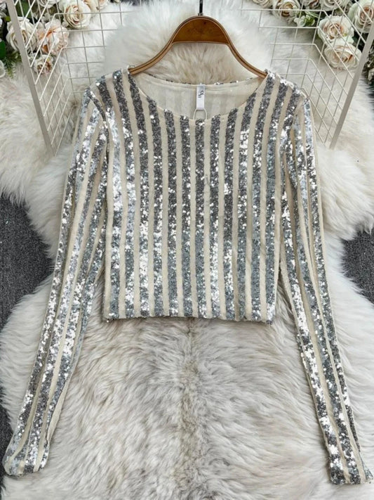 High-End Heavyweight Sequin Splice Me Long Sve round Ne T-irt Women's Spring Summer New Slimming Top Korean Sle