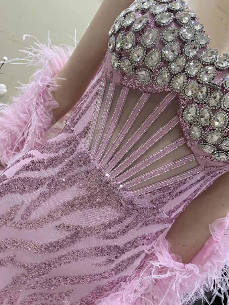 High-end women's Pink Beaded Diamonds Mini Dress With Feathers Shawl Sexy Party Evening Dresses