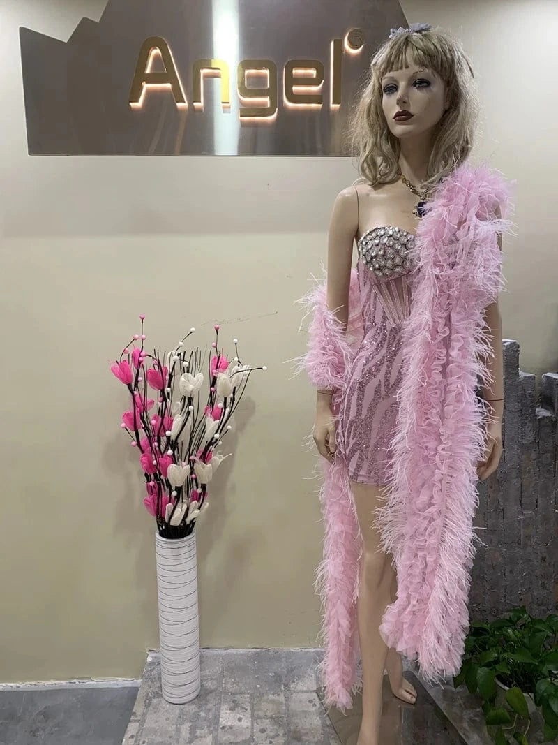 High-end women's Pink Beaded Diamonds Mini Dress With Feathers Shawl Sexy Party Evening Dresses