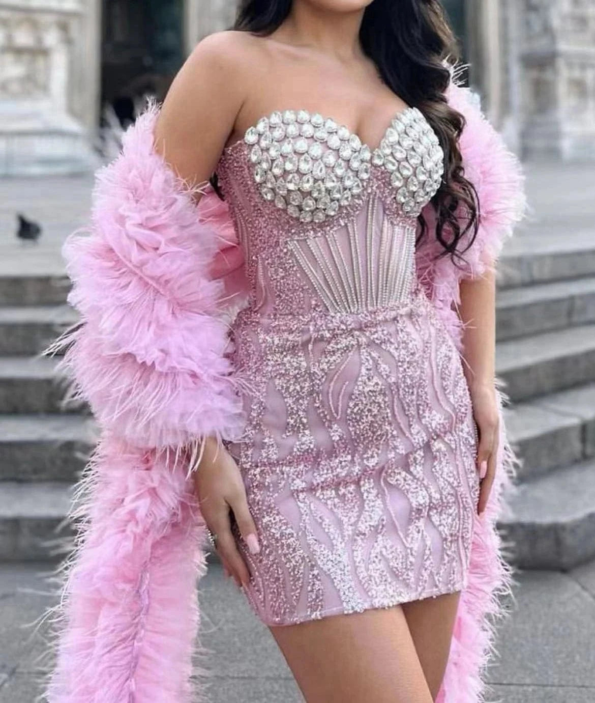 High-end women's Pink Beaded Diamonds Mini Dress With Feathers Shawl Sexy Party Evening Dresses