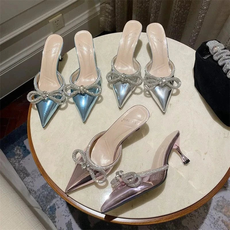 High fashion ladies diamond lace crystal mules elegant women shoes rhinestone bowknot pointed toe shining custom heels sandals