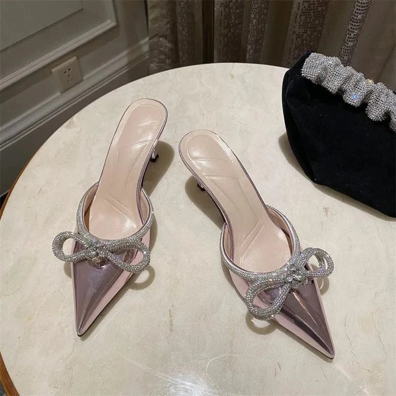 High fashion ladies diamond lace crystal mules elegant women shoes rhinestone bowknot pointed toe shining custom heels sandals