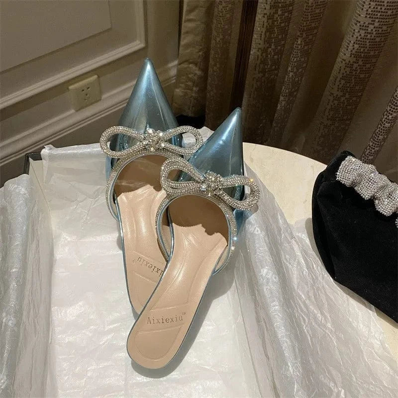 High fashion ladies diamond lace crystal mules elegant women shoes rhinestone bowknot pointed toe shining custom heels sandals