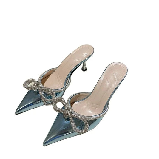High fashion ladies diamond lace crystal mules elegant women shoes rhinestone bowknot pointed toe shining custom heels sandals