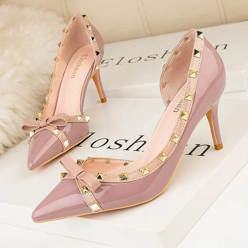 High-heeled women's shoes stiletto heel shallow mouth pointed toe hollow rivet bow elegant high heels for ladies