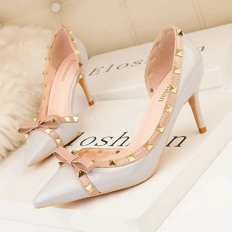 High-heeled women's shoes stiletto heel shallow mouth pointed toe hollow rivet bow elegant high heels for ladies