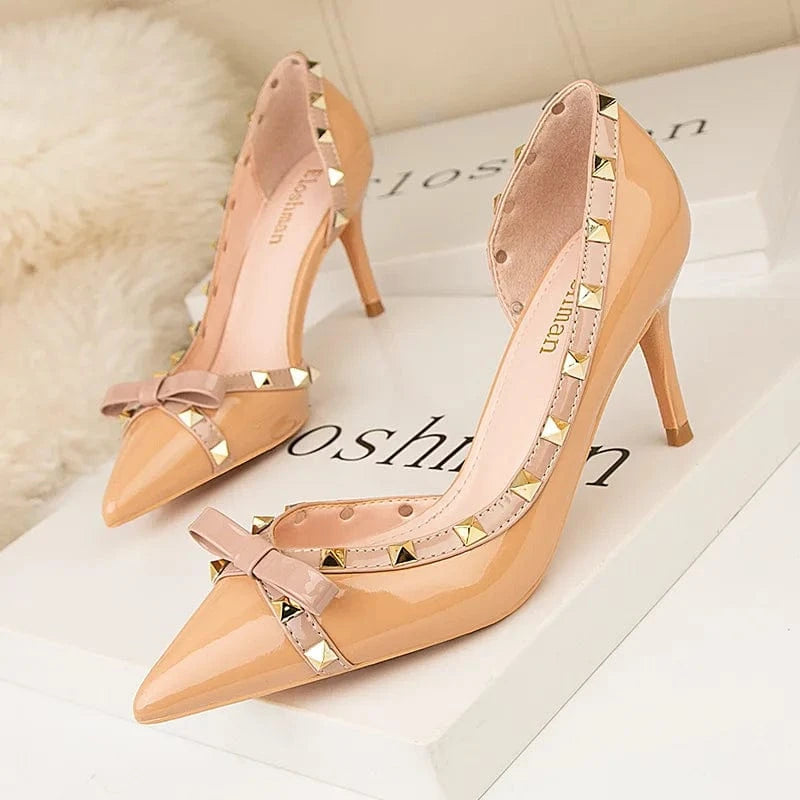 High-heeled women's shoes stiletto heel shallow mouth pointed toe hollow rivet bow elegant high heels for ladies