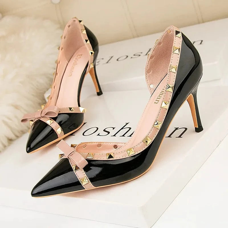 High-heeled women's shoes stiletto heel shallow mouth pointed toe hollow rivet bow elegant high heels for ladies