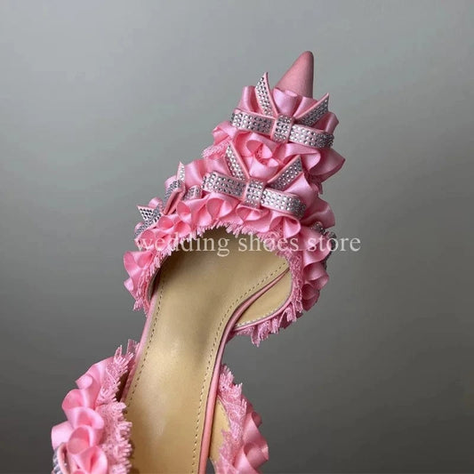 high heels Crystal Lace High Heel Sandals For Women Wedding Pumps Sexy Bowknot Rhinestone High Heels Fashion Summer Party Prom Shoes