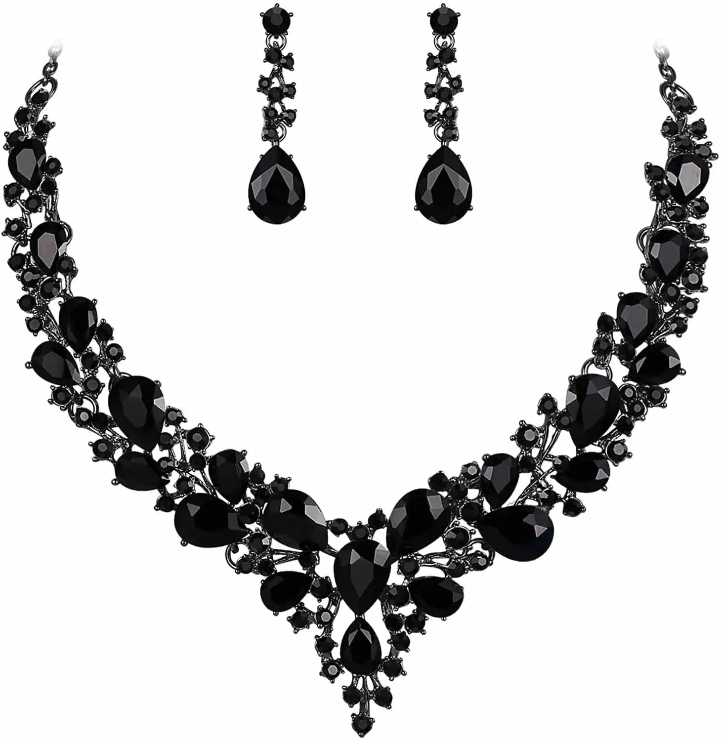 High Quality 18K Gold Plated Crystal Teardrop Cluster Statement Women Wedding Bridal Necklace Dangle Earrings Jewelry Set
