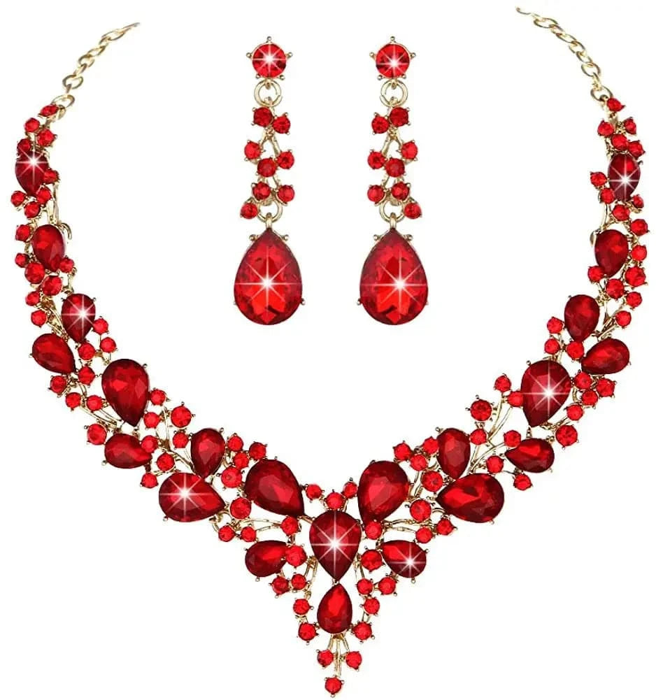 High Quality 18K Gold Plated Crystal Teardrop Cluster Statement Women Wedding Bridal Necklace Dangle Earrings Jewelry Set