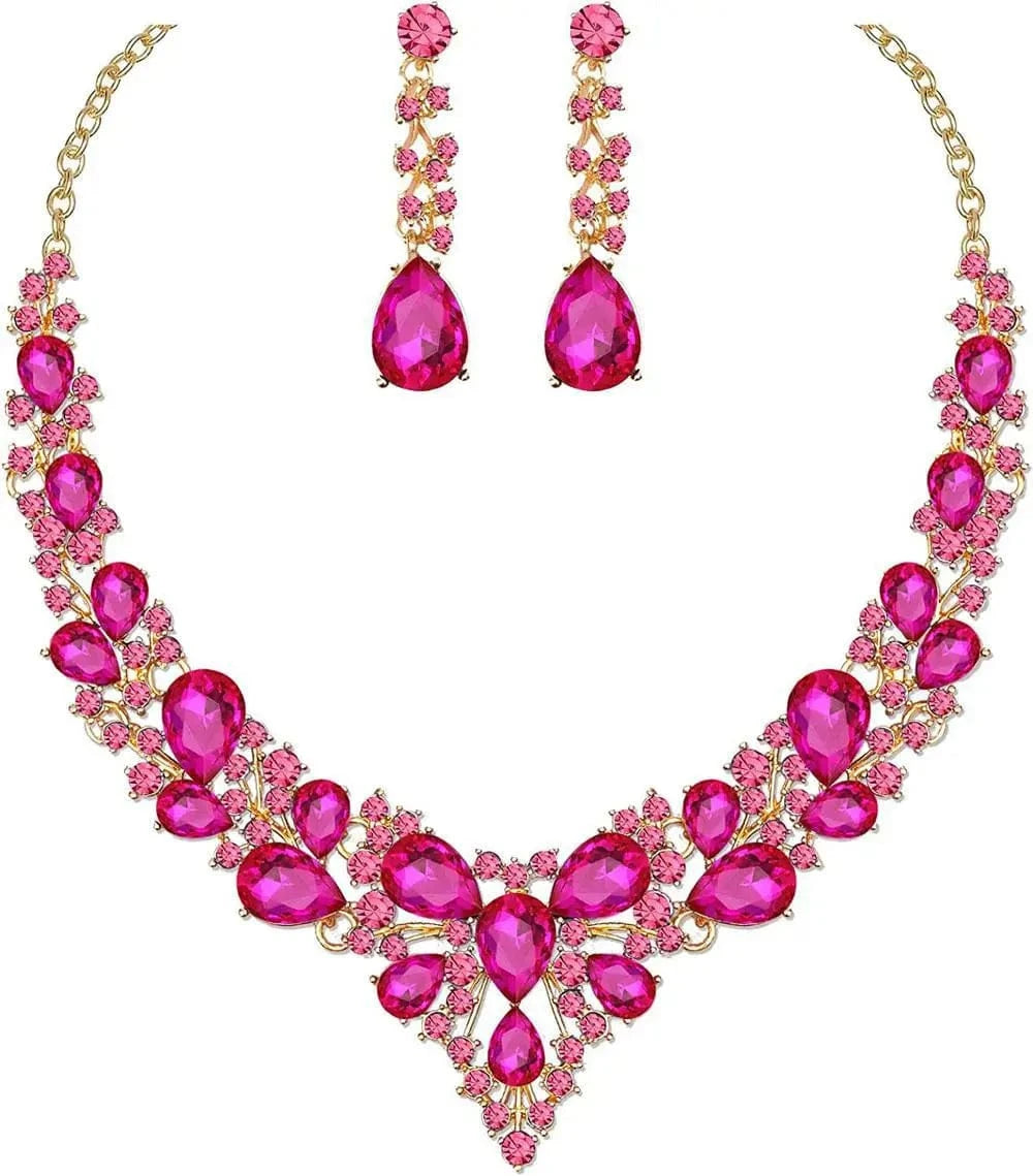 High Quality 18K Gold Plated Crystal Teardrop Cluster Statement Women Wedding Bridal Necklace Dangle Earrings Jewelry Set