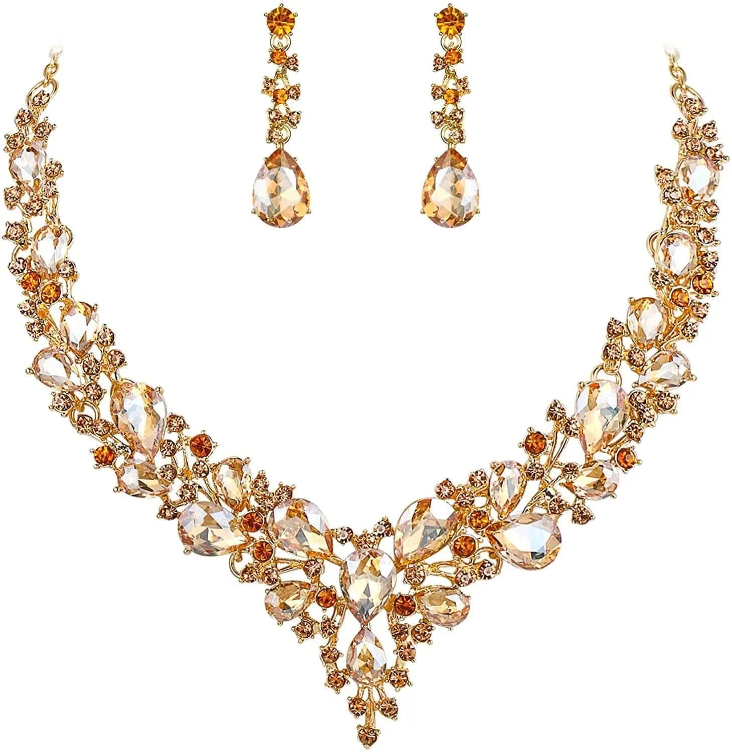 High Quality 18K Gold Plated Crystal Teardrop Cluster Statement Women Wedding Bridal Necklace Dangle Earrings Jewelry Set