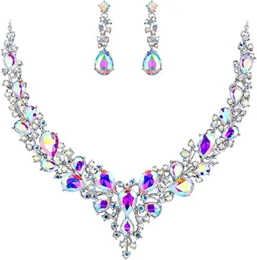 High Quality 18K Gold Plated Crystal Teardrop Cluster Statement Women Wedding Bridal Necklace Dangle Earrings Jewelry Set