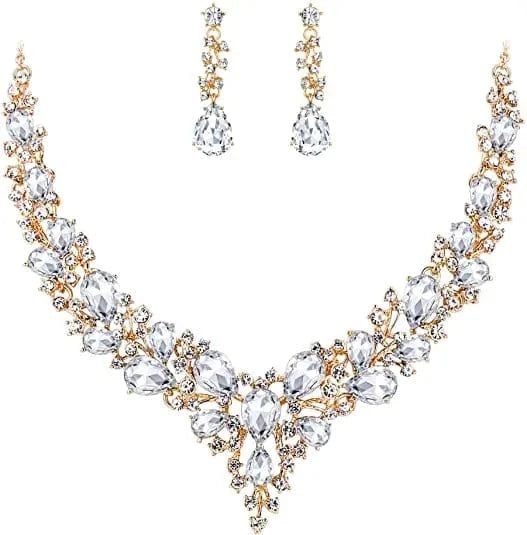 High Quality 18K Gold Plated Crystal Teardrop Cluster Statement Women Wedding Bridal Necklace Dangle Earrings Jewelry Set