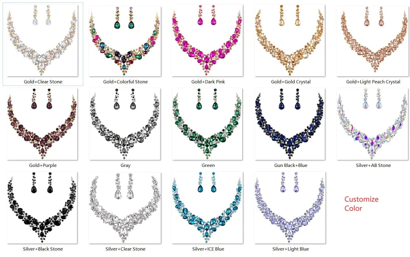 High Quality 18K Gold Plated Crystal Teardrop Cluster Statement Women Wedding Bridal Necklace Dangle Earrings Jewelry Set