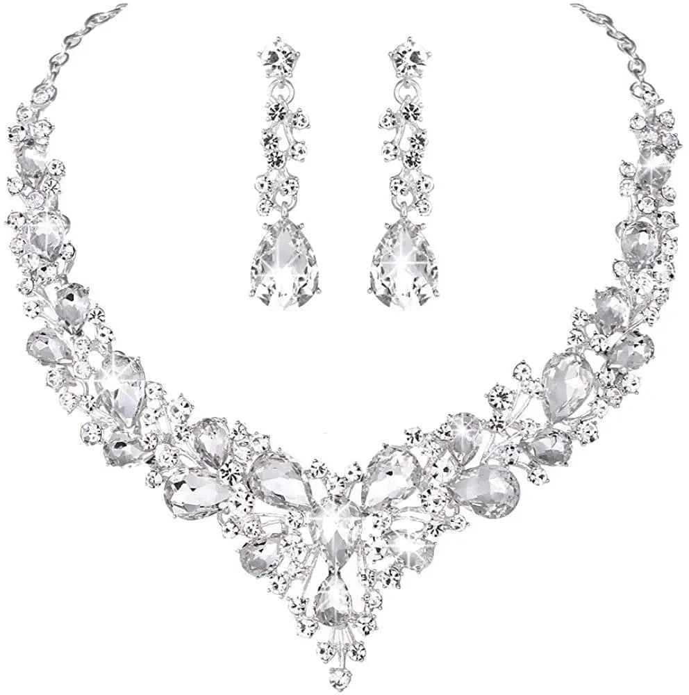 High Quality 18K Gold Plated Crystal Teardrop Cluster Statement Women Wedding Bridal Necklace Dangle Earrings Jewelry Set