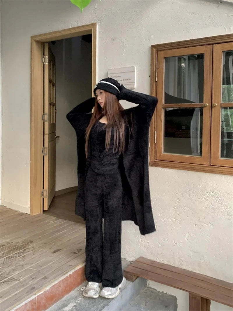 High Quality 2024 Autumn Casual Long cardigan sweaters  vest Top  High Waist Wide Leg Pant Casual Knitwear Outfit 3 Piece Set