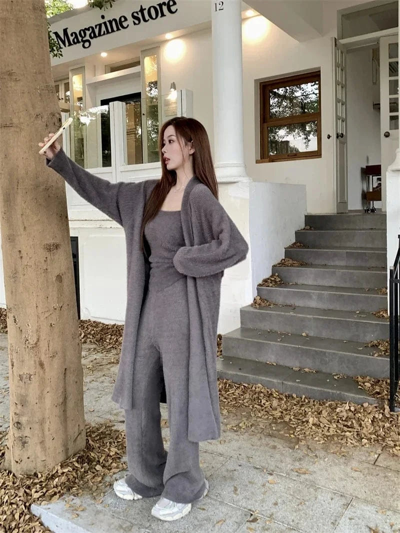 High Quality 2024 Autumn Casual Long cardigan sweaters  vest Top  High Waist Wide Leg Pant Casual Knitwear Outfit 3 Piece Set