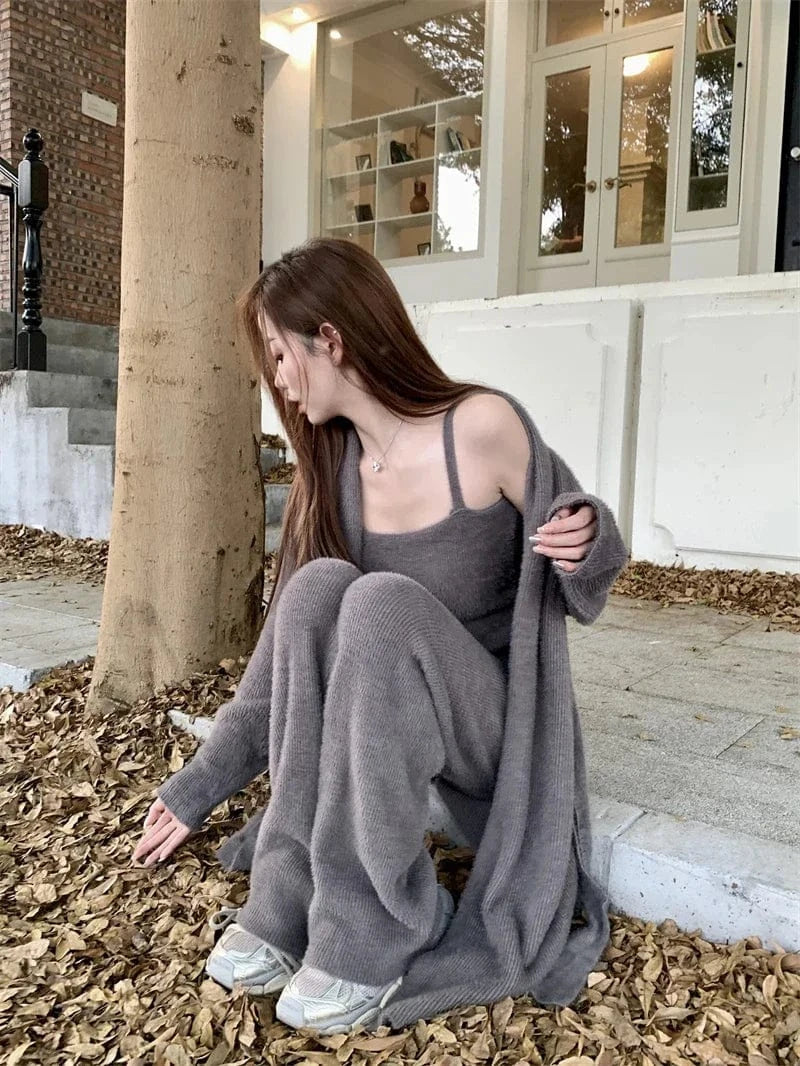 High Quality 2024 Autumn Casual Long cardigan sweaters  vest Top  High Waist Wide Leg Pant Casual Knitwear Outfit 3 Piece Set