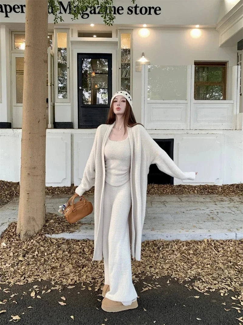 High Quality 2024 Autumn Casual Long cardigan sweaters  vest Top  High Waist Wide Leg Pant Casual Knitwear Outfit 3 Piece Set