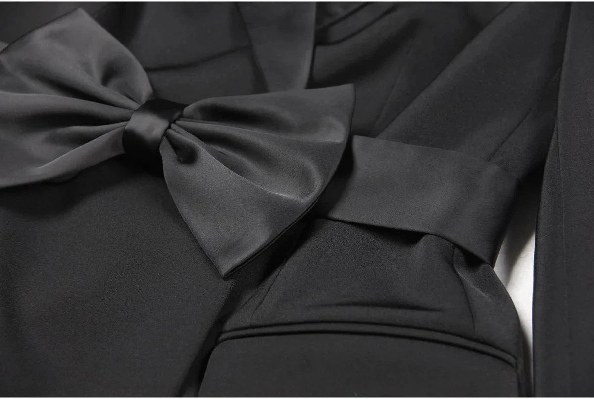 High Quality 2024 Fall Winter Double-breasted Long Sleeve Bow Belt Women Office Blazer Short Mini Notched Dress