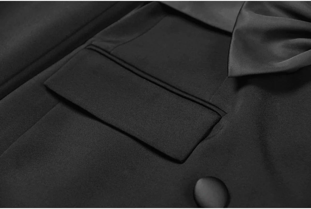 High Quality 2024 Fall Winter Double-breasted Long Sleeve Bow Belt Women Office Blazer Short Mini Notched Dress